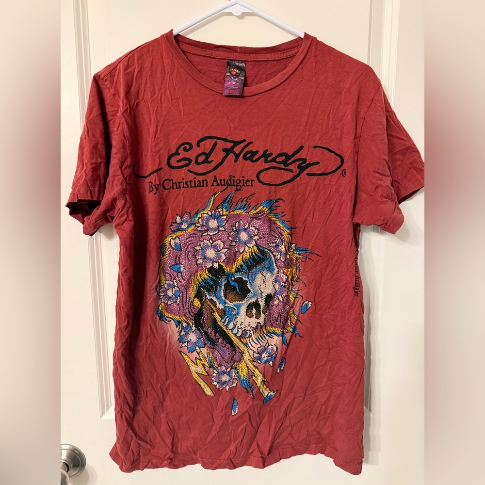 ☠️Ed Hardy Vintage 2000s Maroon Skull Graphic Tee Size Medium